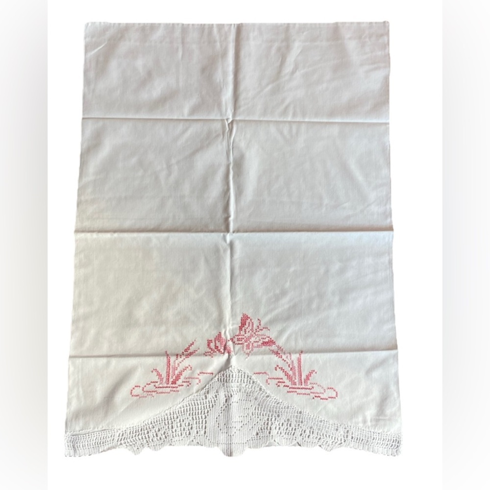 VNT Embroidered Pillowcase, Cotton With Pink Butterfly, Flowers, Crochet Lace